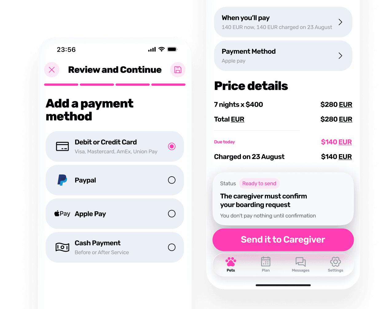 Payment screens in the Animalty app