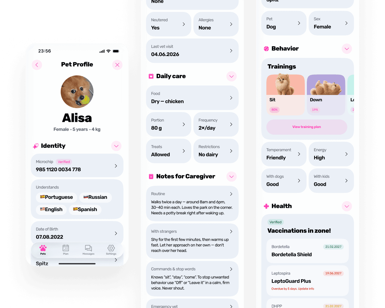 Pet profile screens in the Animalty app