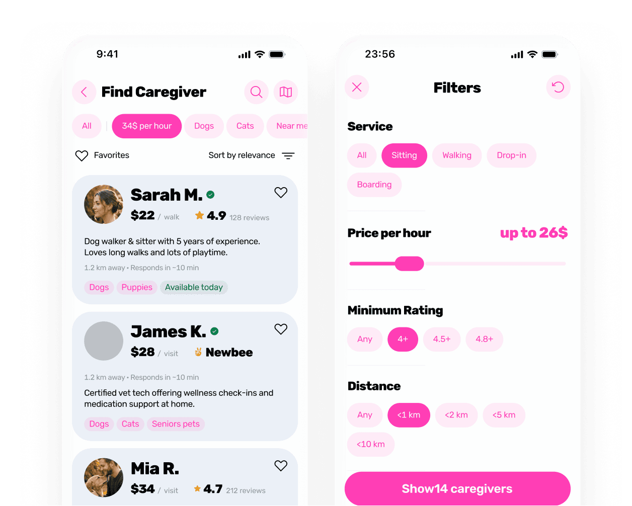 Pet sitter search screens in the Animalty app