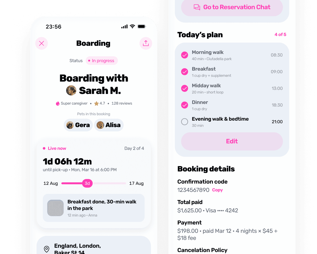Booking tracking screens in the Animalty app